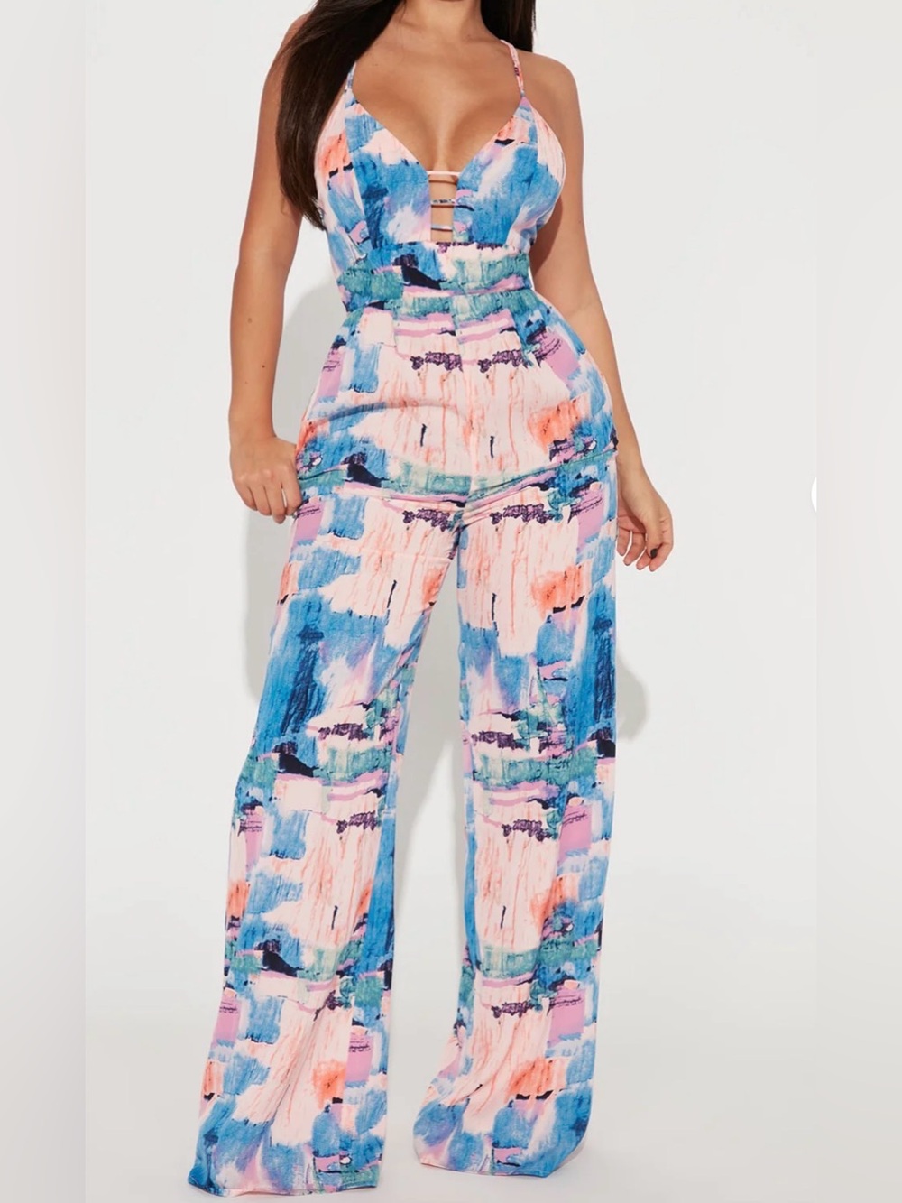 Fashion Nova Amber Printed Jumpsuit in Pink/Combo, size XL